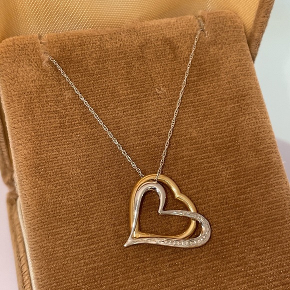 Solid 14K Yellow & White Gold Double 2 Two Hearts Pendant Neck Chain Necklace - Picture 5 of 13